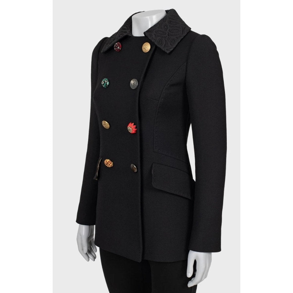 Dolce & Gabbana Black Wool Coat with Crystal Buttons Sz.38/XS pre-owned