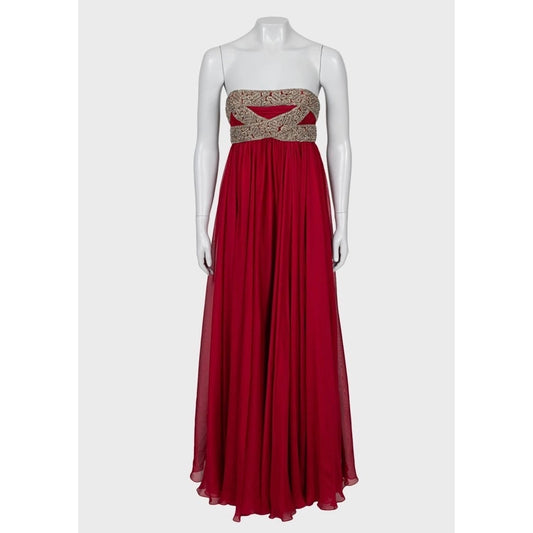 Marchesa Red Silk Crystal Embellished Maxi Dress Sz 6/M pre-owned