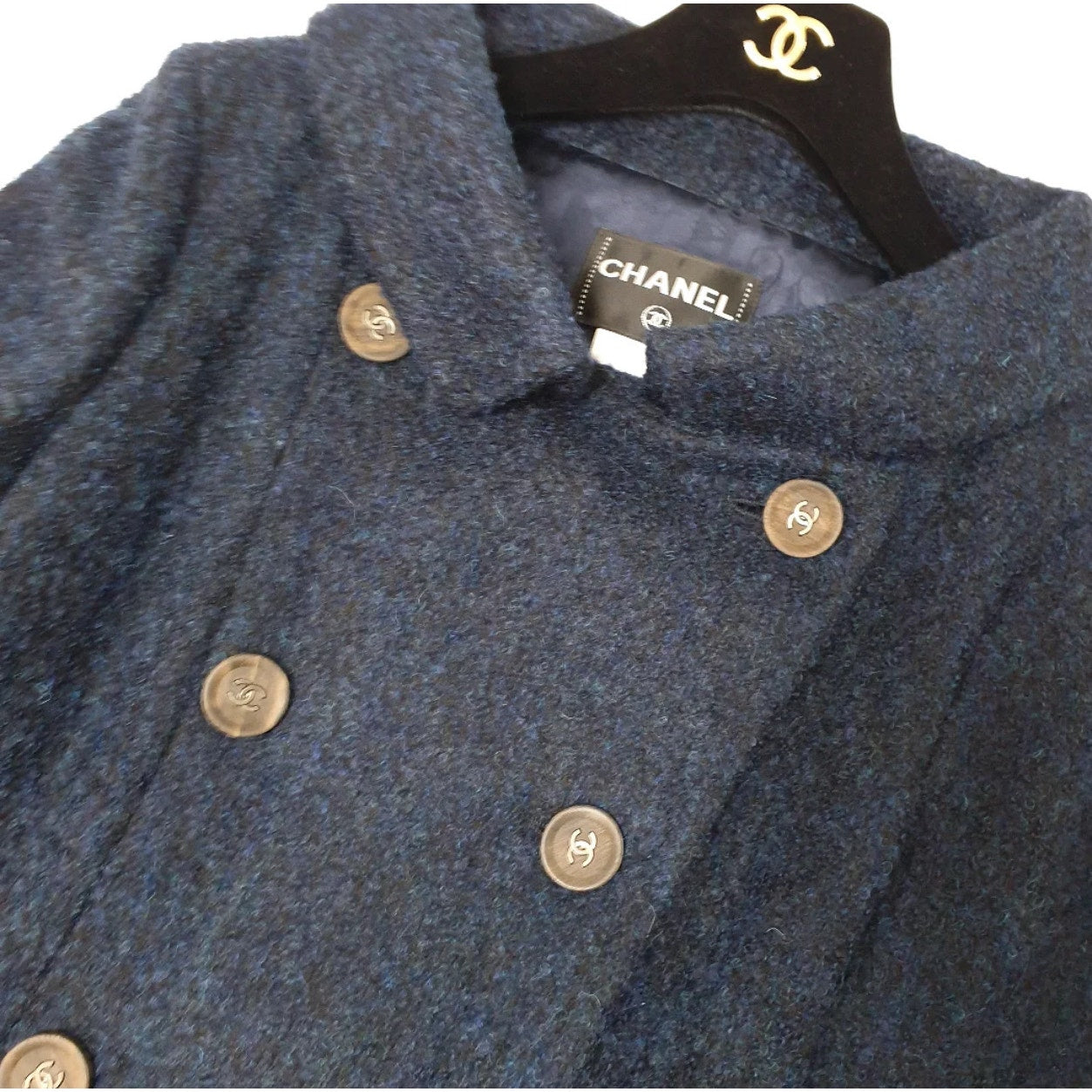 Chanel Long Wool CC Buttons Navy Blue Coat - Size 36 Pre-owned