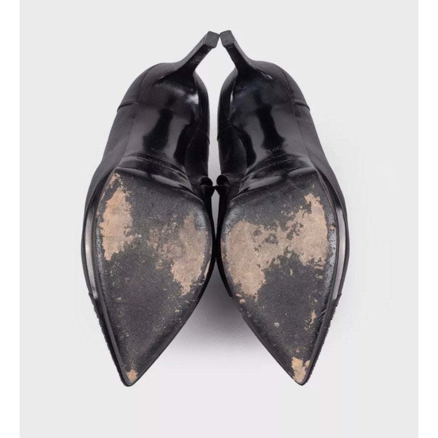 Saint Laurent Black Leather Rhinestone Ankle Boots Sz.39.5 Pre-owned
