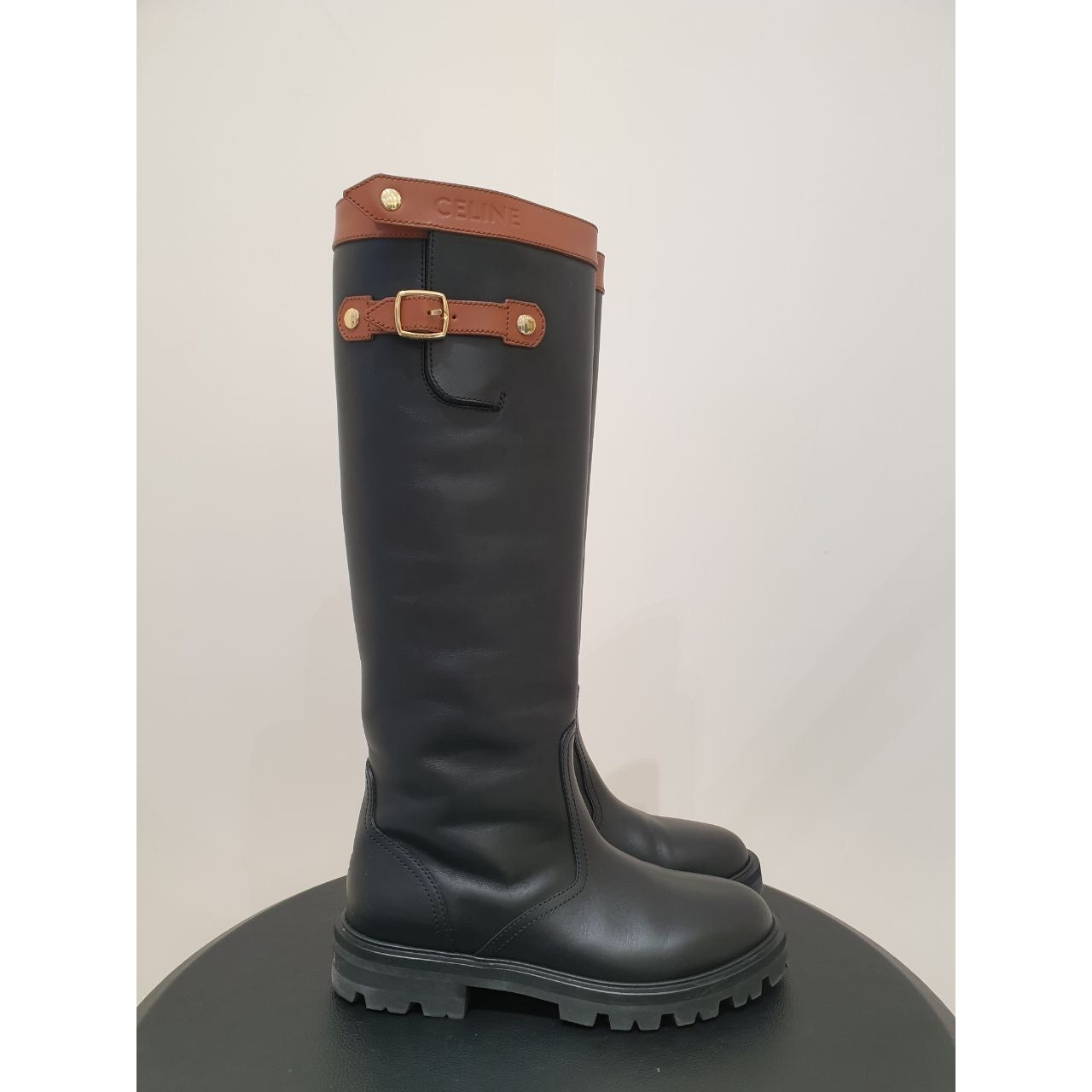 Celine Margaret High Boots Black Leather Tabac Sz. 38.5 Pre-owned