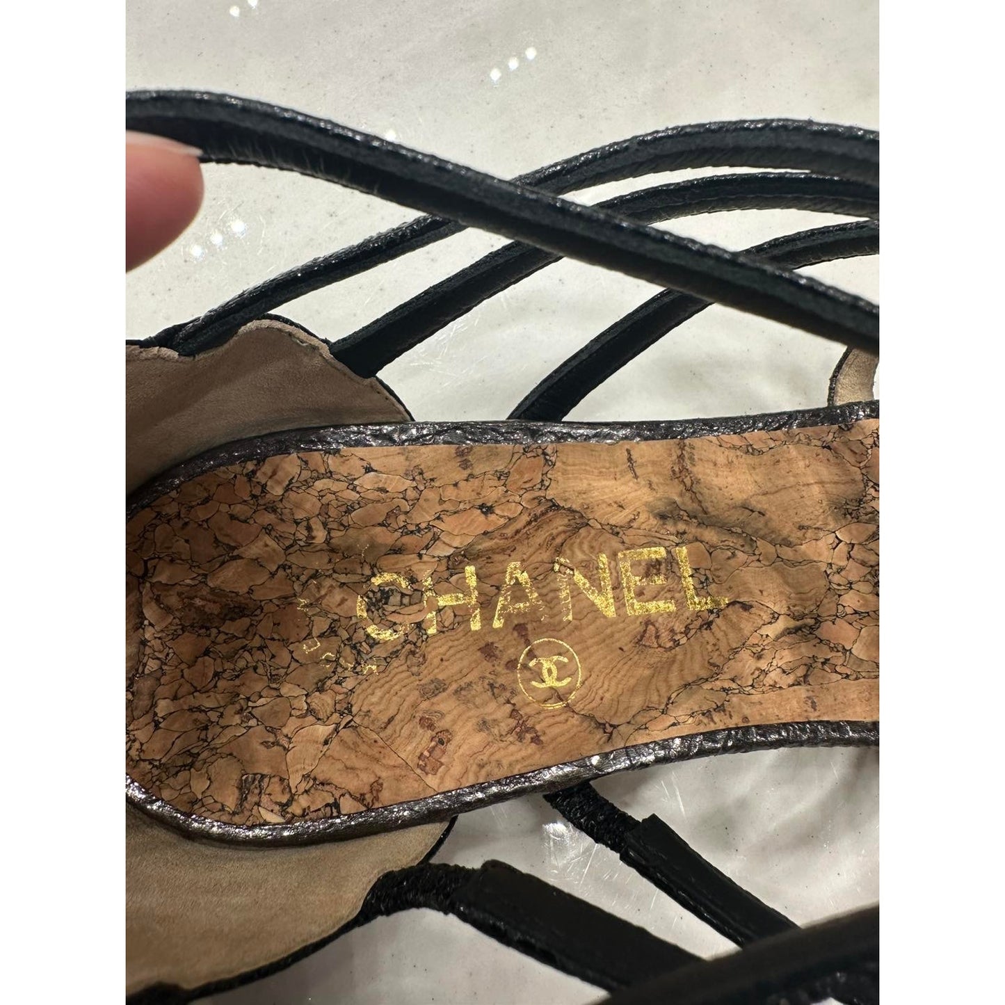 CHANEL T-Strap Metallic Gunmetal Zip Sandals Size 42 pre-owned