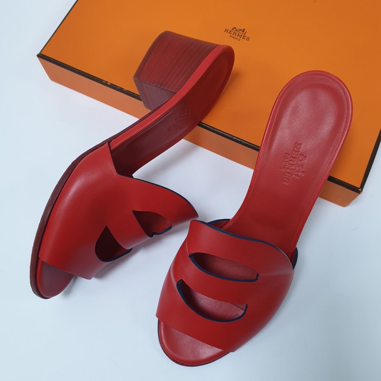Hermes Red Leather Mona Block Heel Slide Sandals Sz.38 pre-owned