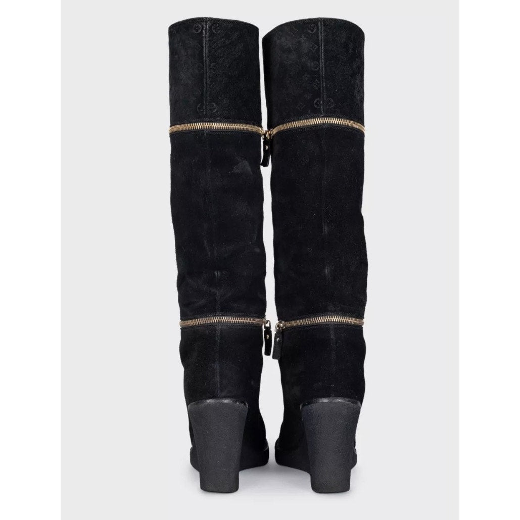 Louis Vuitton Black Suede Wedge Ankle Boots - Size 38.5 Pre-owned