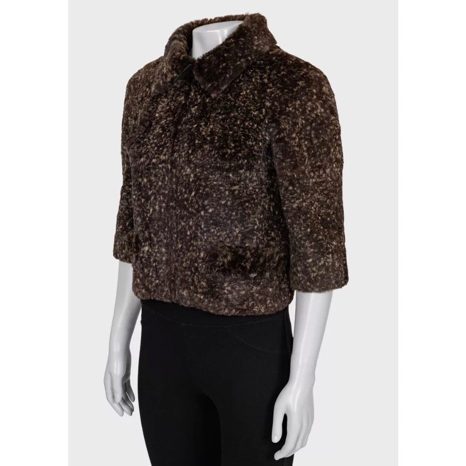 Chic Chanel Brown Rabbit Fur Cropped Jacket - Size 36/S pre-owned