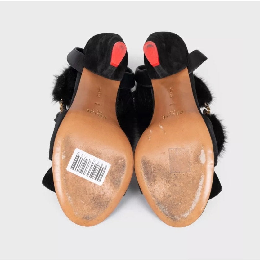 Celine Black Leather Sandals with Fur Strap - Size 39 Pre-owned