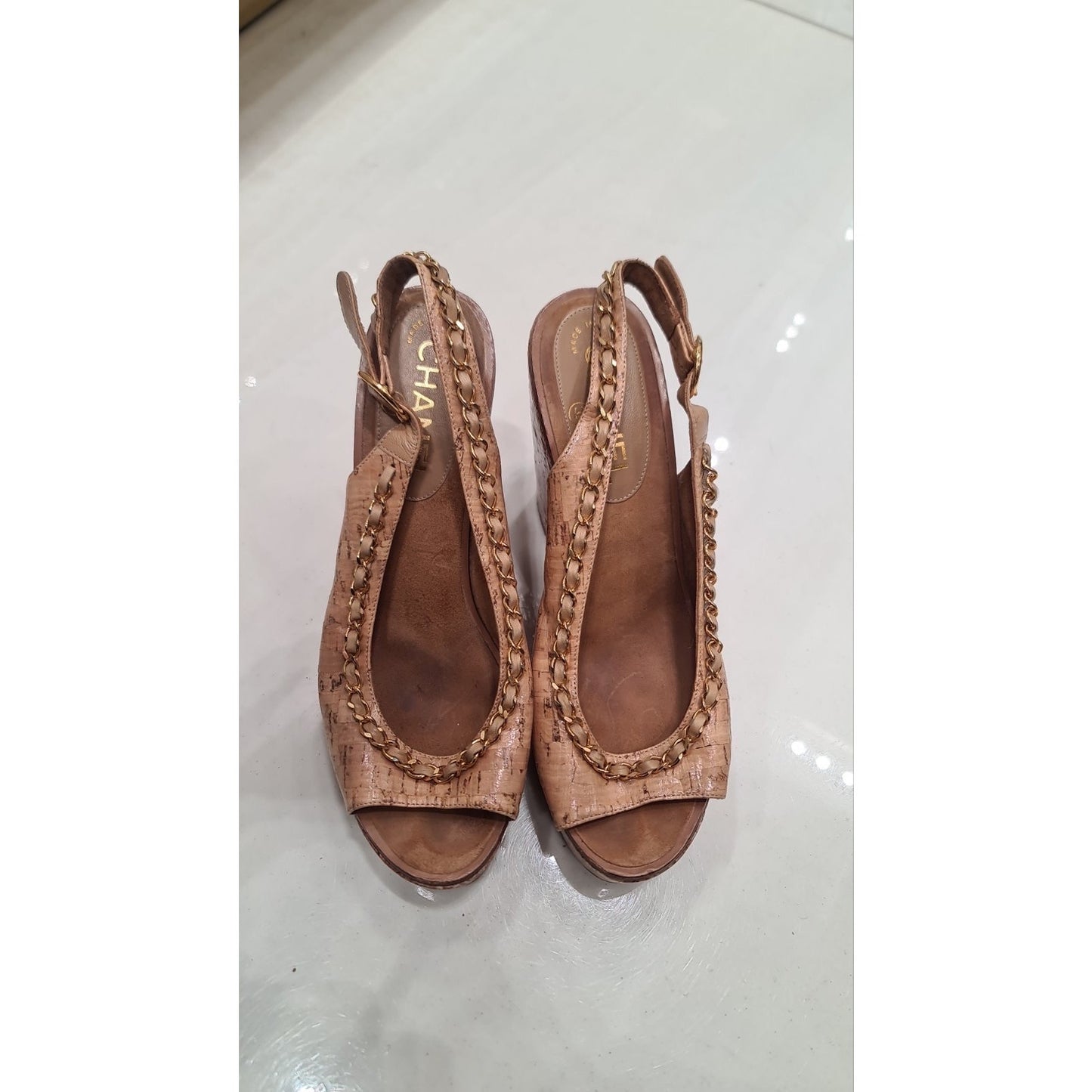 CHANEL COCO Mark Chain Black Leather Wedge Sandals 38.5 pre-owned