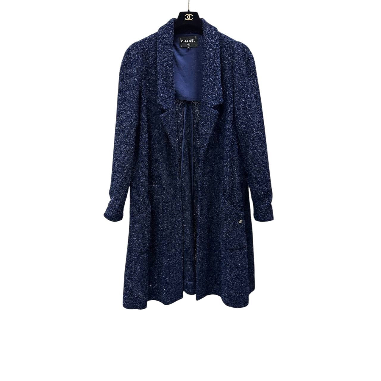 Elegant Chanel Navy Blue Tweed Mid-Length Coat - Size 50 Pre-owned