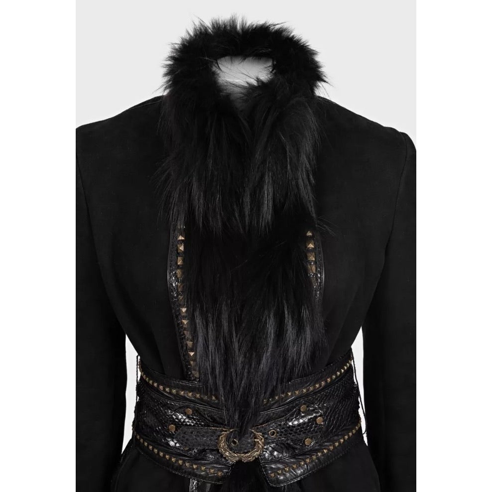 Roberto Cavalli Black Leather Shearling Jacket Fox Fur Trim IT 42 M Pre-owned