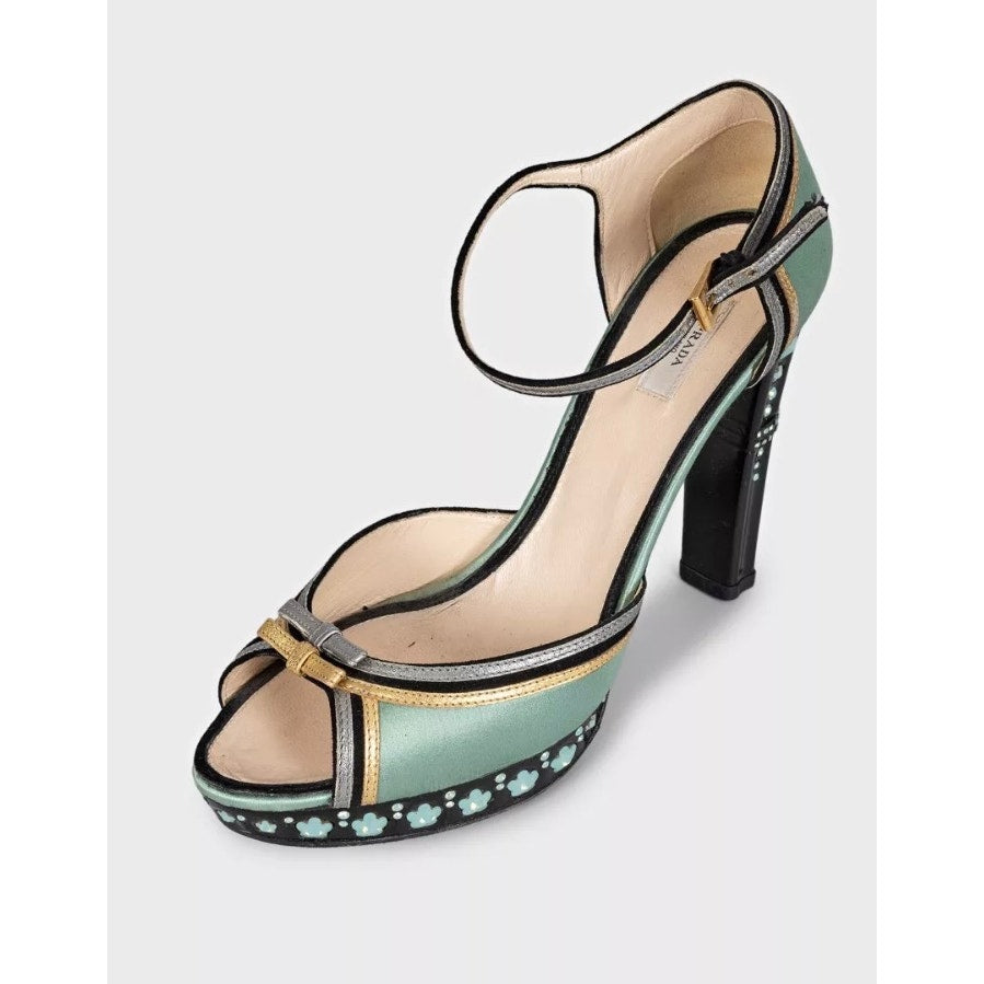 Prada Light Blue Textile Heeled Sandals with Crystal Heel Sz.37.5 Pre-owned
