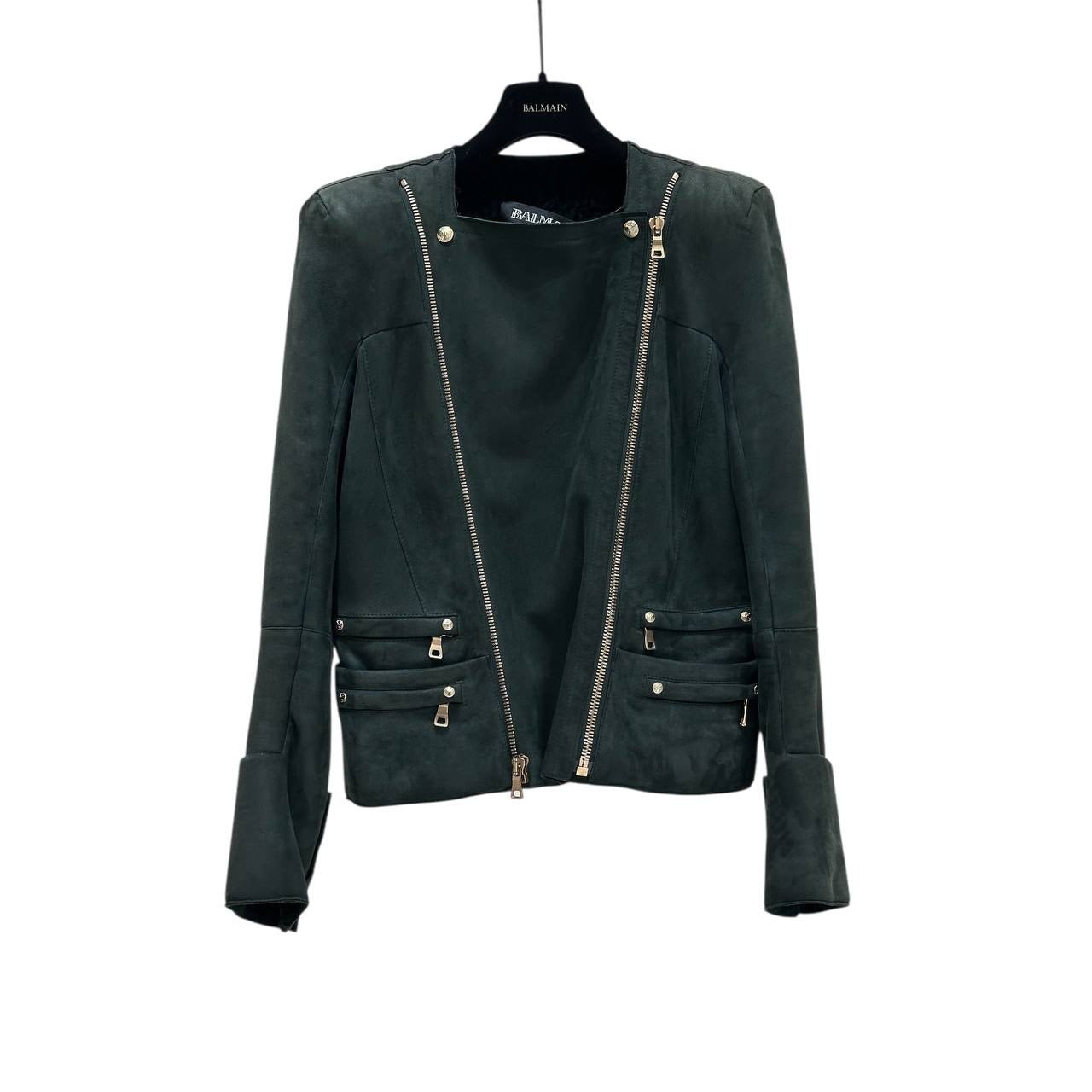 Balmain Green Shearling Biker Jacket - Size 38 Pre-owned