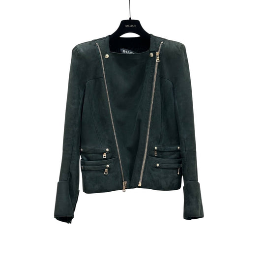 Balmain Green Shearling Biker Jacket - Size 38 Pre-owned
