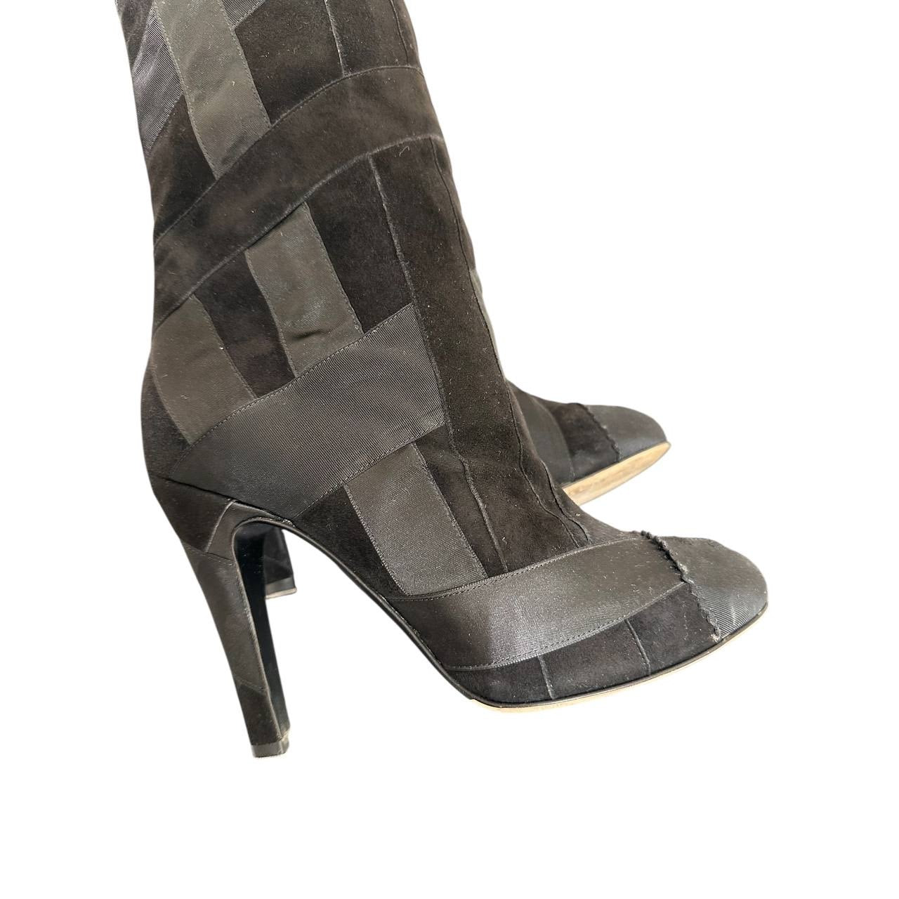 CHANEL Black Suede & Ribbon Patchwork Over Knee Boots Sz.38 Pre-owned