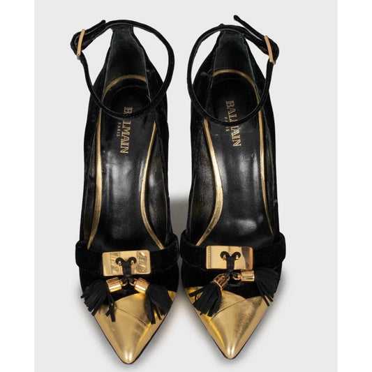 Balmain Black Velvet Pumps with Gold Heels Sz.38.5 pre-owned