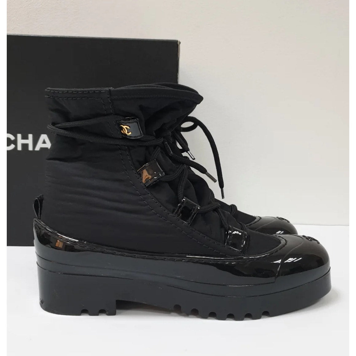 Chanel Black Rubber Nylon Ankle Boots CC Logo Size 38 Pre-owned