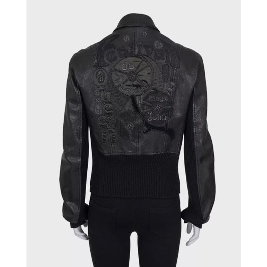 John Galliano Black Embroidered Leather Jacket EU34/XS pre-ownned