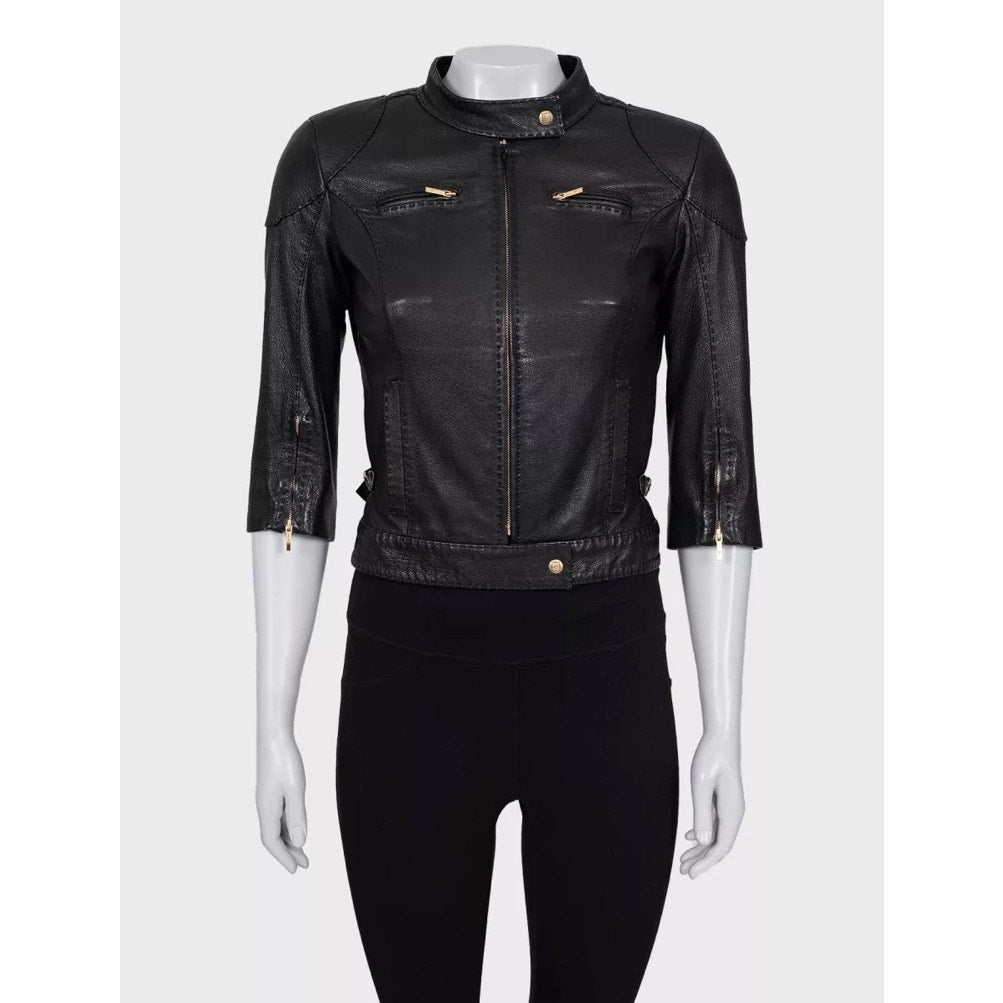 Fendi Black Leather Cropped Sleeve Jacket sz.40 pre-owned