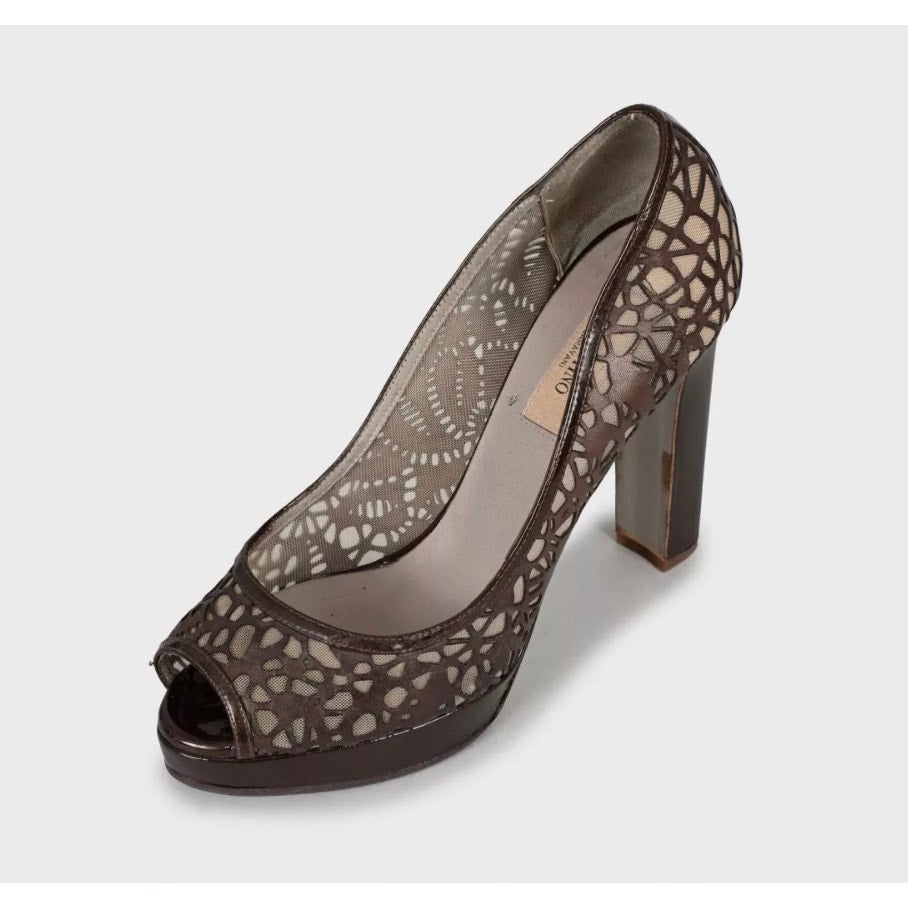 Valentino Perforated Leather Open-Toe Pumps - Brown, Sz 36.5 pre-owned