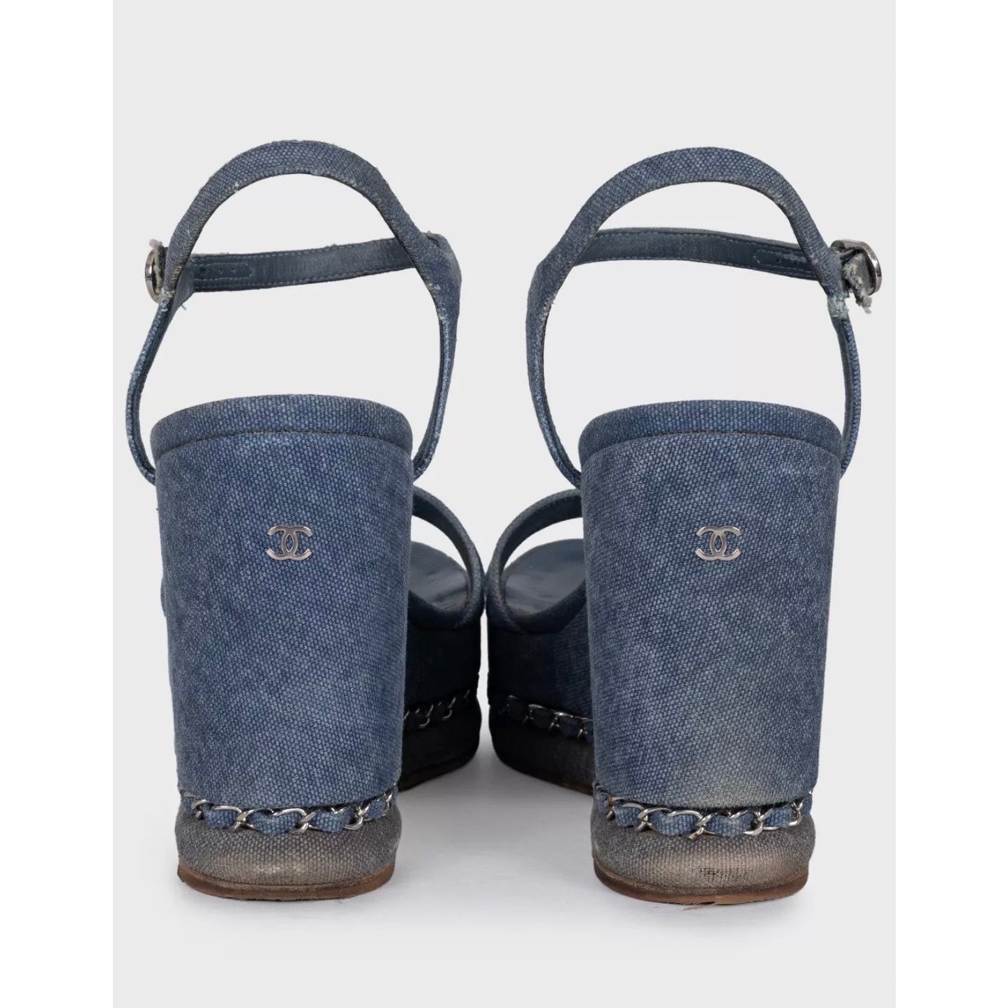Chanel Blue Denim Wedge Sandals, Size 39.5 pre-owned