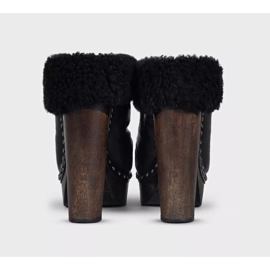 Miu Miu Black Leather Ankle Boots with Wooden Block Heel Size 36 Pre-owned