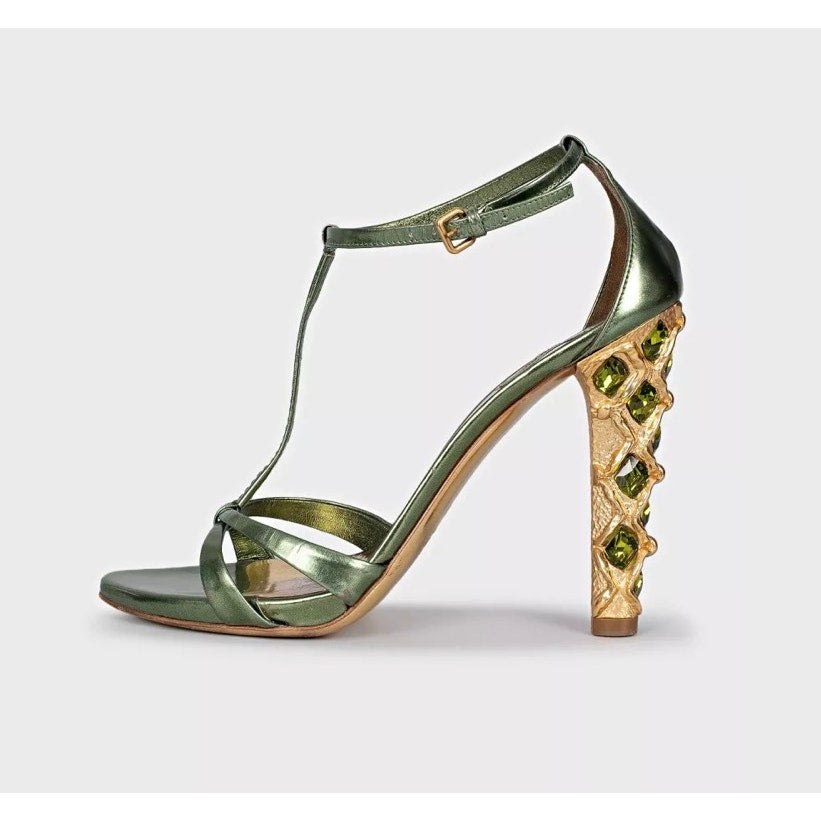 Miu Miu Green Leather Crystal Block Heel Sandals Sz 37.5 pre-owned