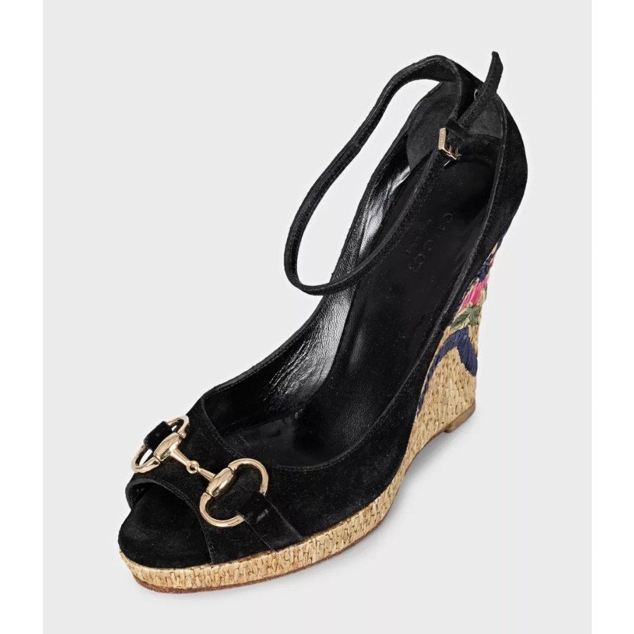 Gucci Black Suede Horsebit Wedge Sandals EU 37.5 Pre-owned