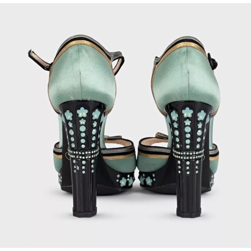 Prada Light Blue Textile Heeled Sandals with Crystal Heel Sz.37.5 Pre-owned