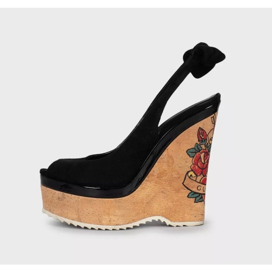 Gucci Black Suede Printed Wedge Sandals - EU 35 Pre-owned