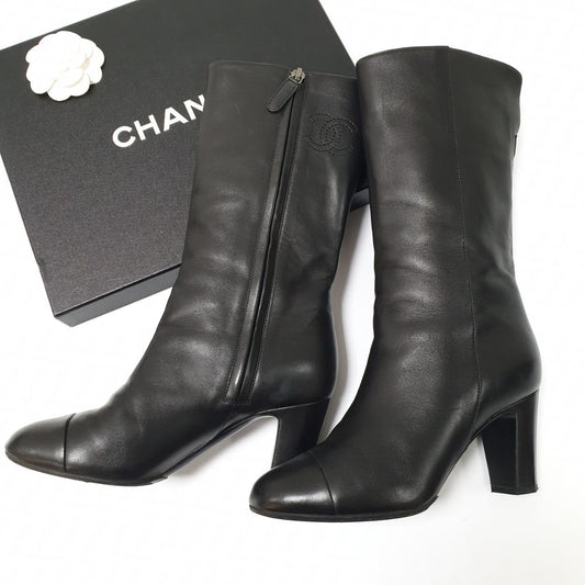 CHANEL Black Lambskin  Iconic Style Mid-Boots Sz.36 Pre-owned