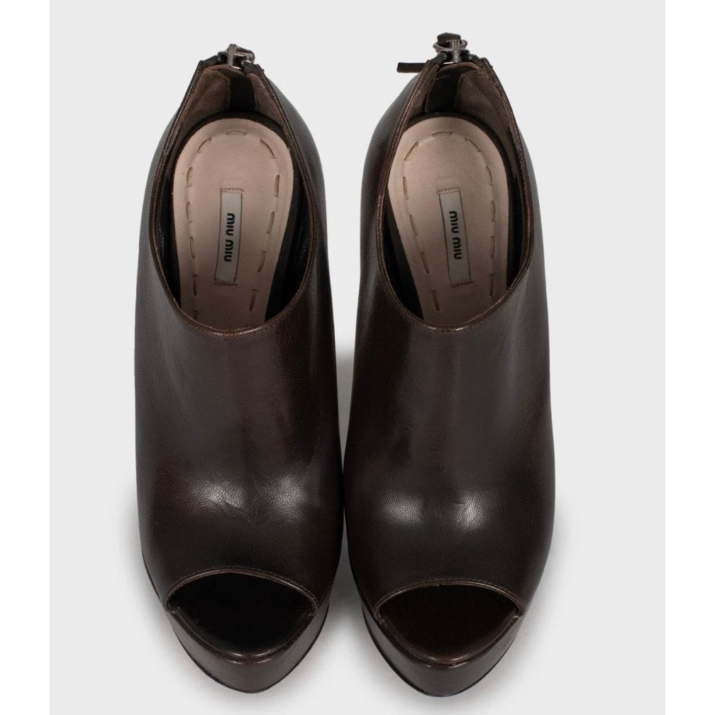 Miu Miu Brown Leather Zip-Up Block Heel Shoes Sz.35 Pre-owned