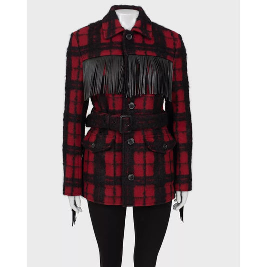 Saint Laurent Belted Fringed Checked Wool Coat Jacket  Sz. 42 Pre-owned