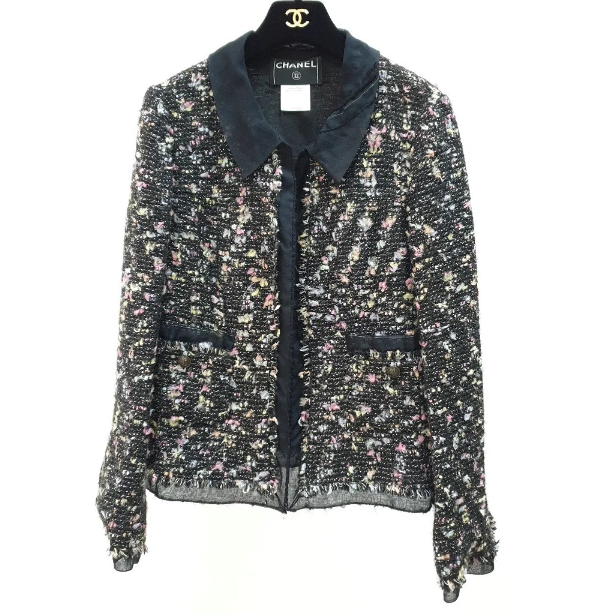 Chanel 04A Chiffon Trim Ribbon Tweed Dress Jacket Suit Sz.44 Pre-owned