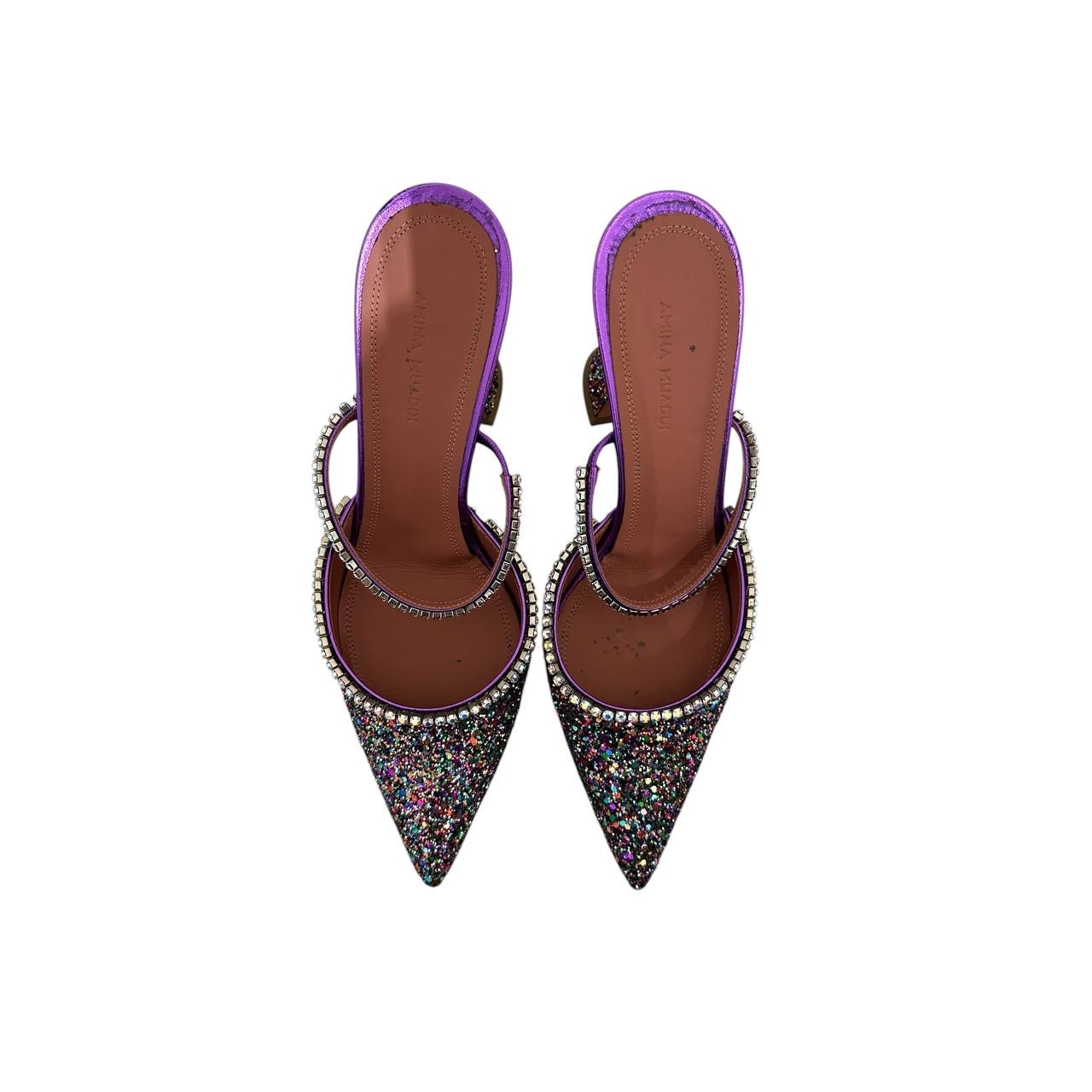 Amina Muaddi Gilda Multicolor Glitter Leather Mules Sz 39.5