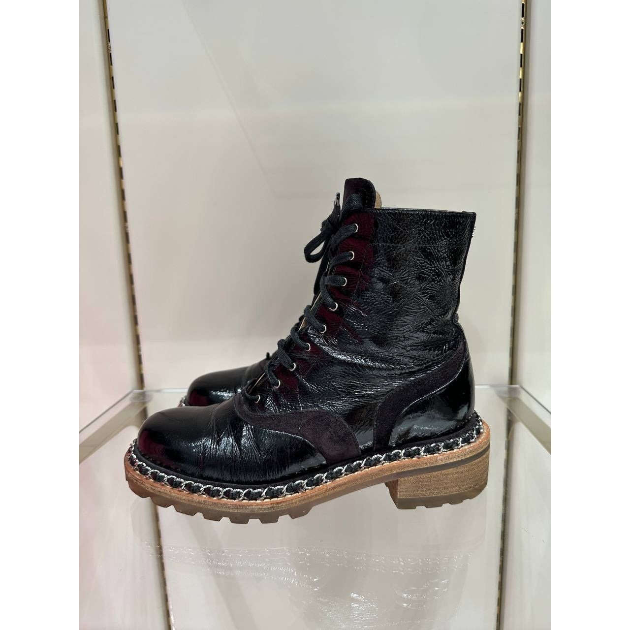 Chanel 2015 Brown Patent Leather Ankle Combat Boots Sz.38 pre-owned