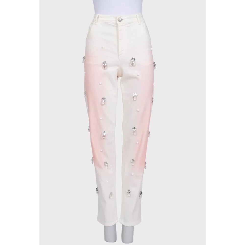 Chanel White Straight-Leg Jeans with Crystal Accents sz.42 Pre-owned