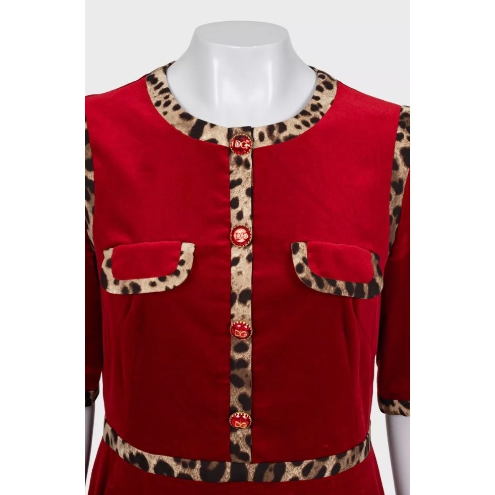 Dolce & Gabbana Red Velvet Animal Print Dress Sz.46/XL pre-owned