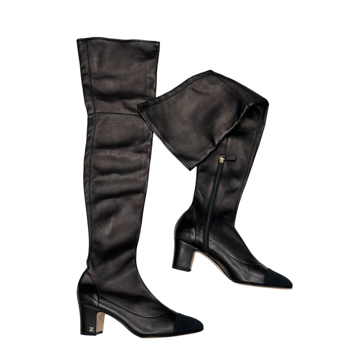 NWOB Chanel Black Leather Over-the-Knee Boots Cap Toe CC Logo Sz.41.5 pre-owned