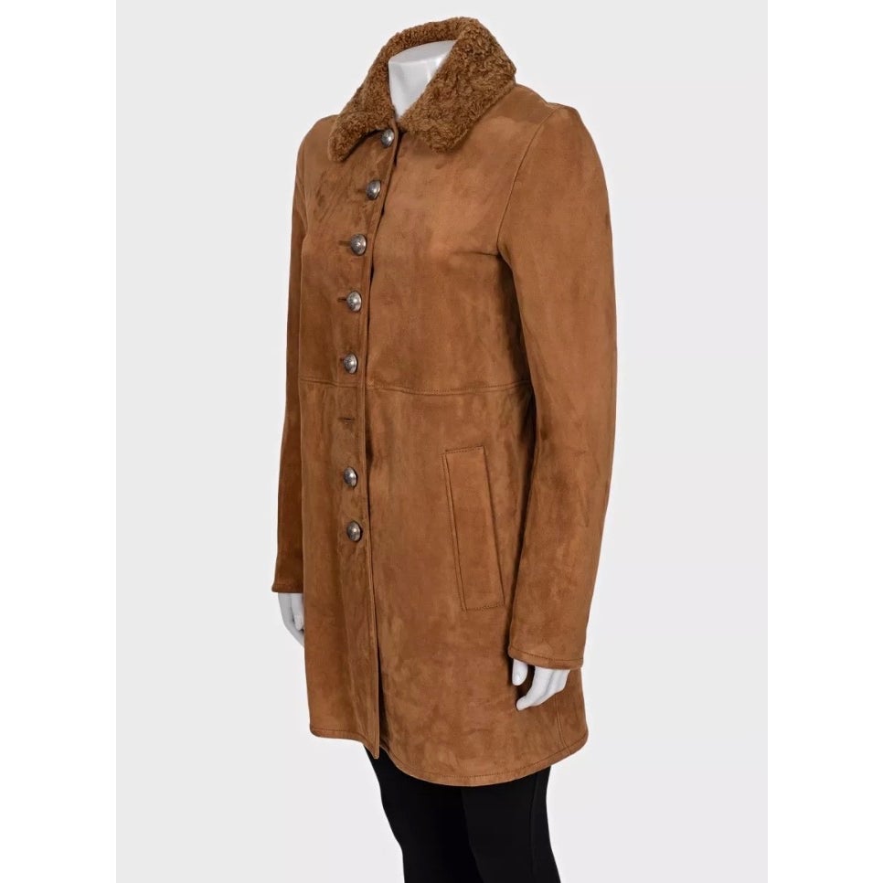 NWOT Gucci Brown Suede Shearling Lined Coat IT 42 Pre-owned