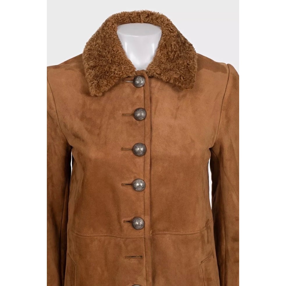 NWOT Gucci Brown Suede Shearling Lined Coat IT 42 Pre-owned