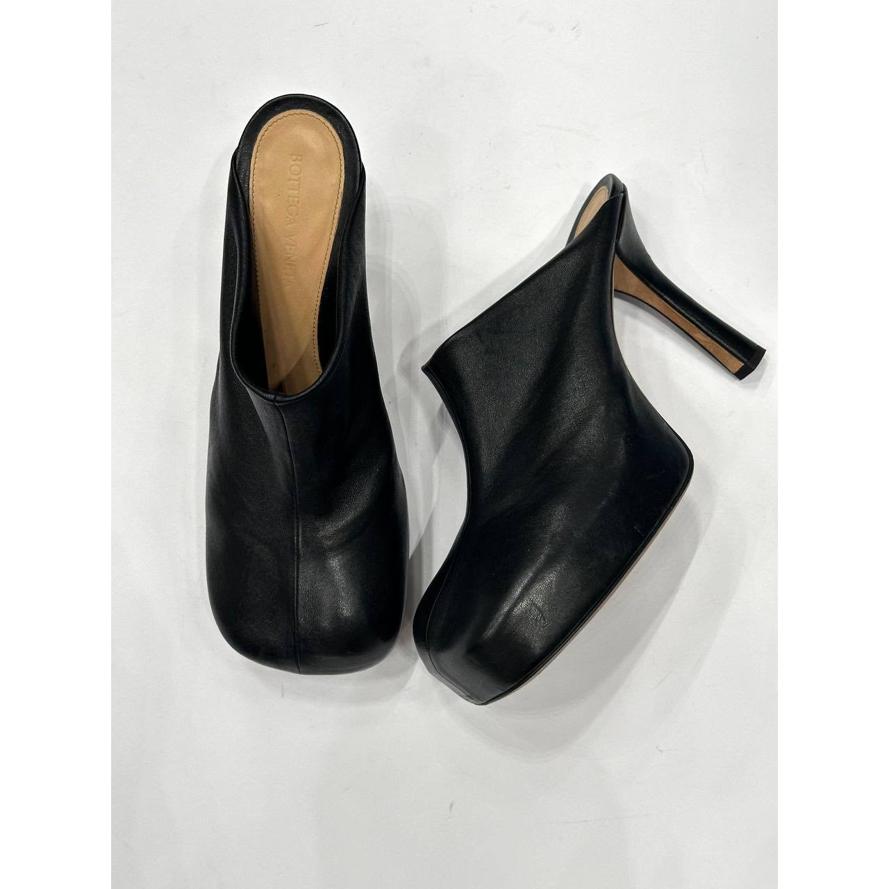 Bottega Veneta Black Leather Square Toe Platform Mules Sz.39,5 pre-owned