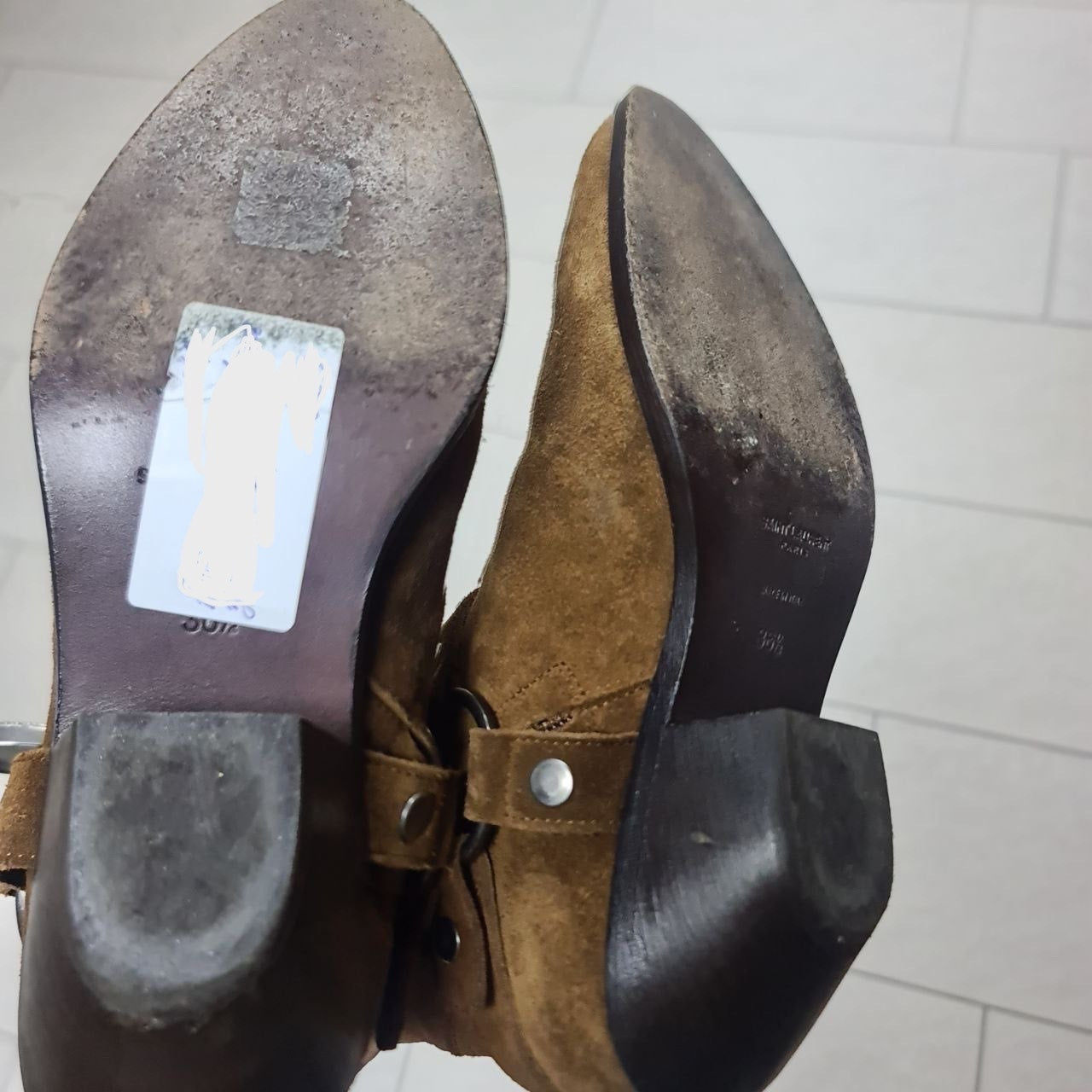 SAINT LAURENT Brown Suede WEST HARNESS Western Ankle Boots Sz.38.5 Pre-owned