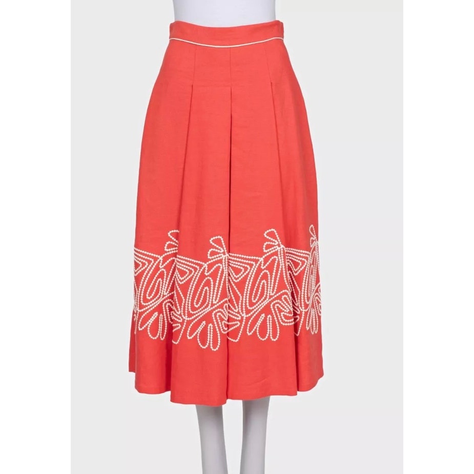 NWOT Loro Piana Red Linen Embroidered Skirt - Sz S IT40 Pre-owned