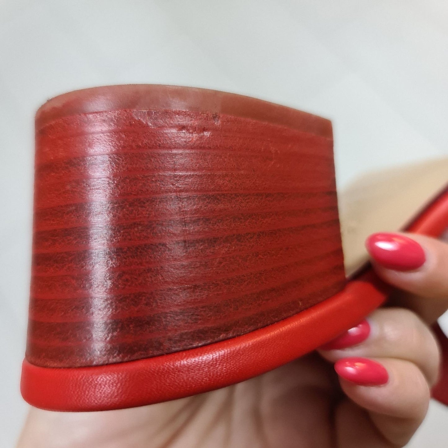 Hermes Red Leather Mona Block Heel Slide Sandals Sz.38 pre-owned