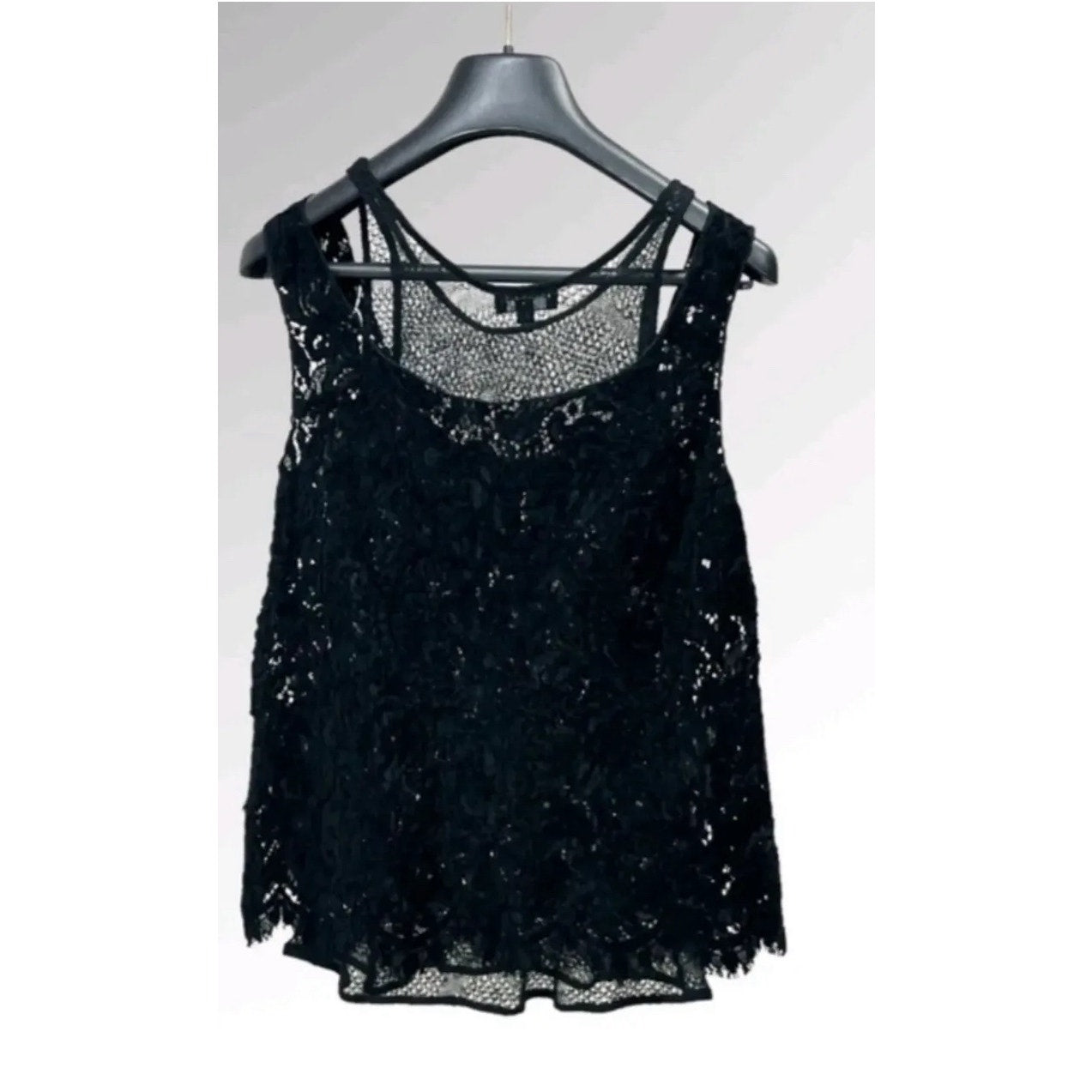 CHANEL COCO Button Rayon Cashmere Layered Lace Knit Tank Top Sz.38 pre-owned