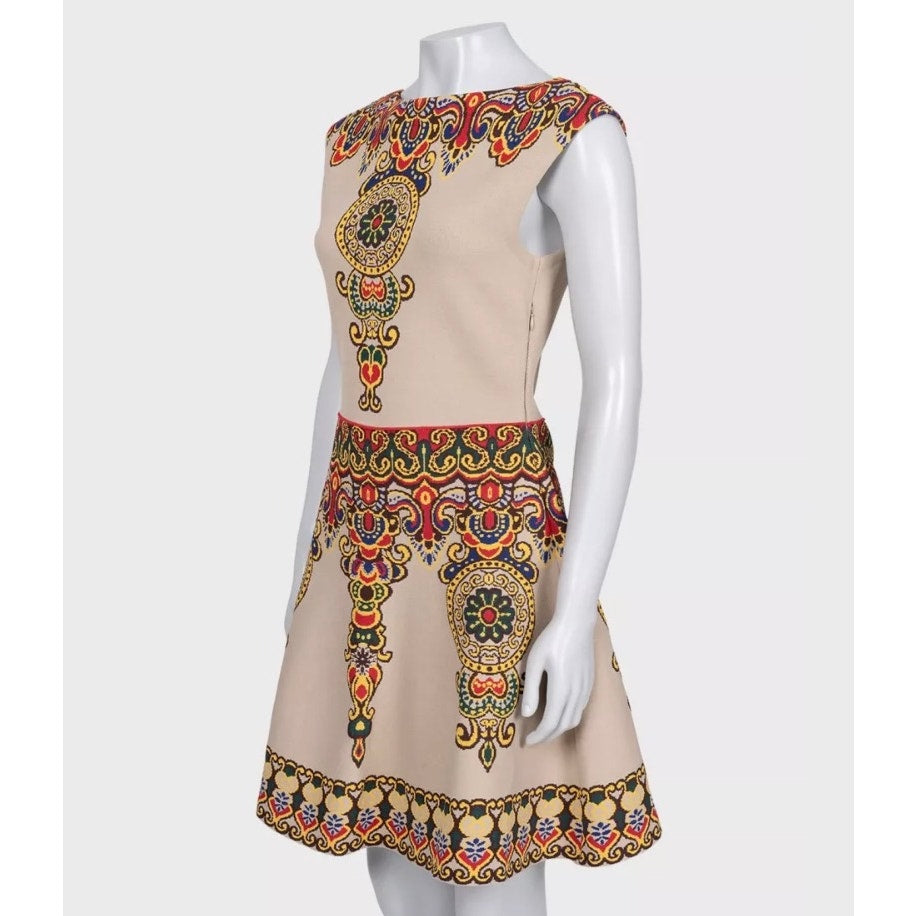 NWOT Valentino Beige Printed Fitted Dress Sz M Pre-owned