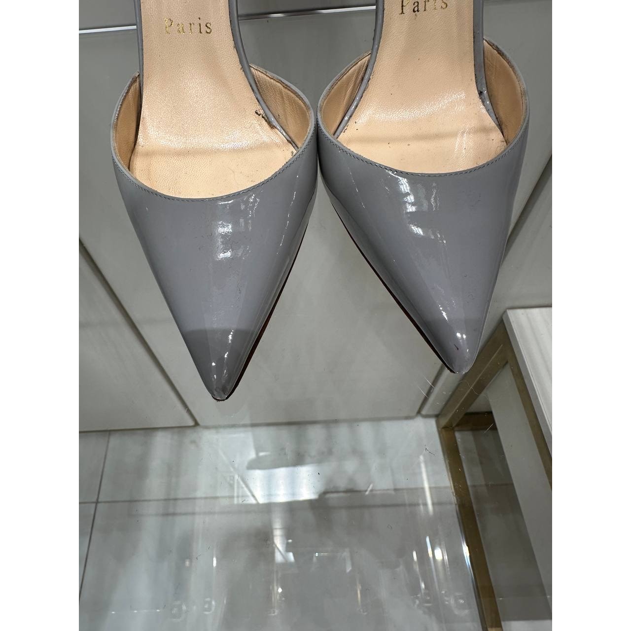 Christian Louboutin Grey Patent Leather Slingback Pumps Sz.37.5 Pre-owned