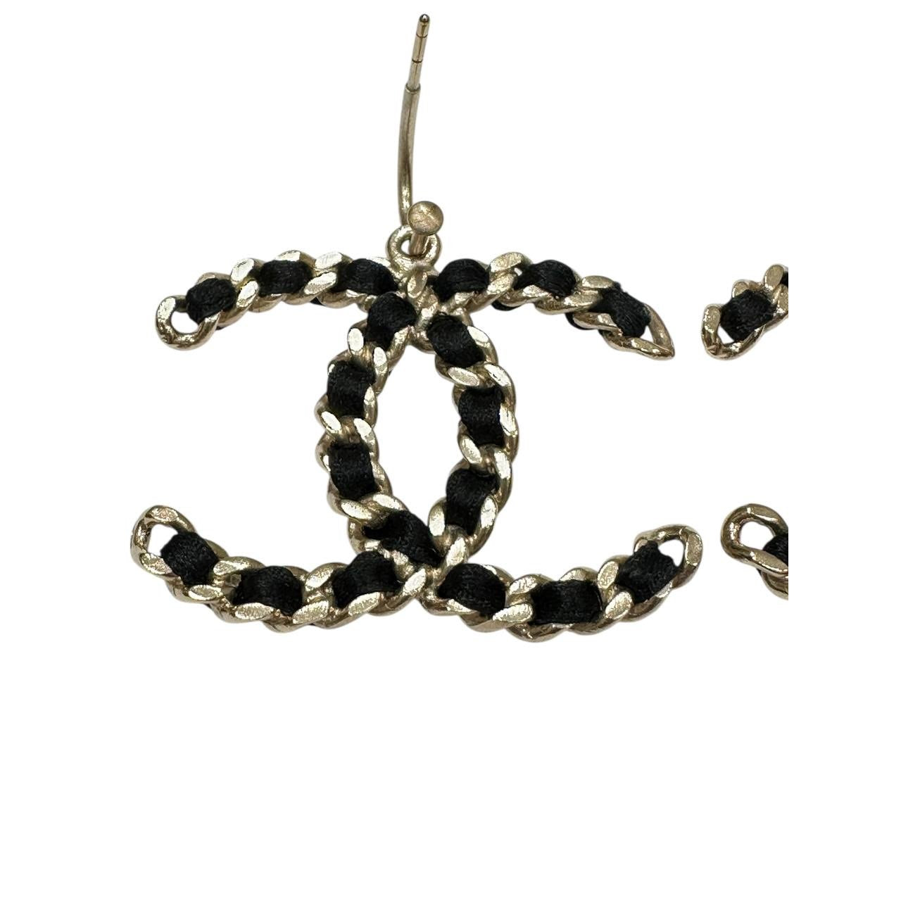 CHANEL Braided Black Ribbon CC Logo Dangling Earrings Pre-owned