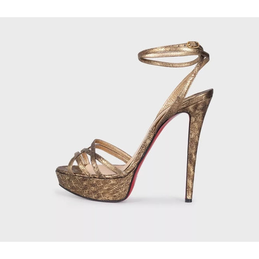 Christian Louboutin Gold Leather Platform High Heel Sandals Sz.38 pre-owned