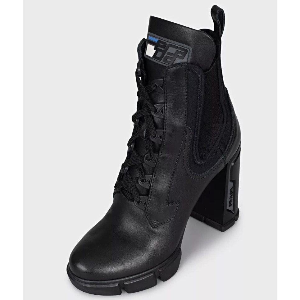 Prada Black Leather Lace Up Heeled Boots - EU 39 Pre-owned