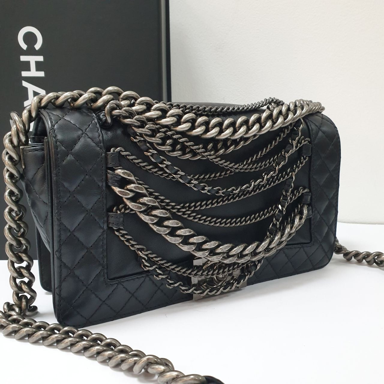 CHANEL Black Lambskin Leather Multi Chains Boy Bag pre-owned